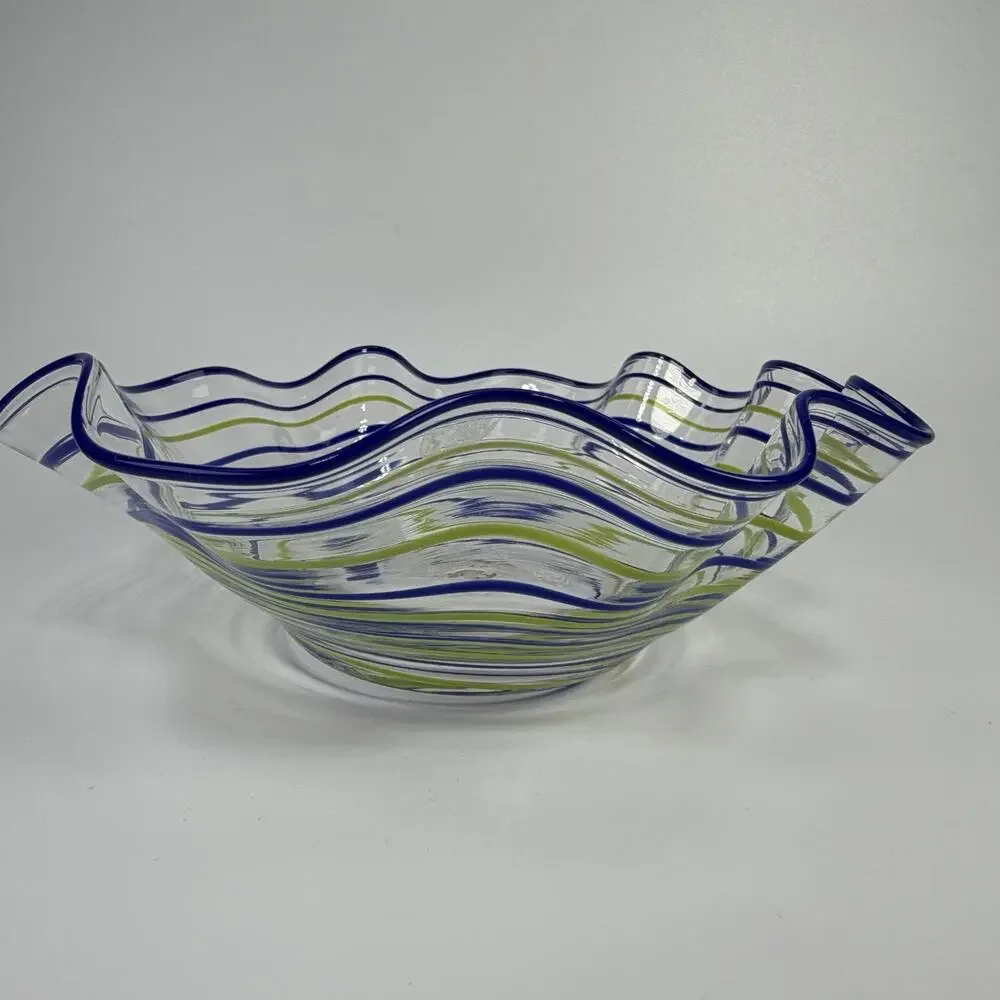 Blue Green Stripe Swirl Blown Art Glass Fluted Bowl 2.5 x 7.5